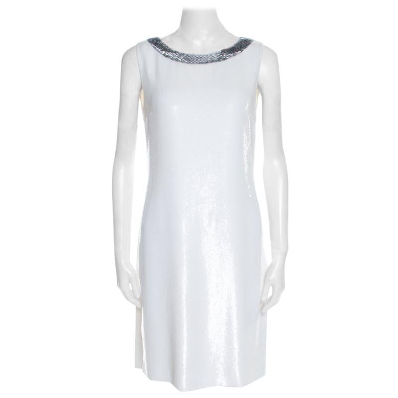 Prada Off White Sequined Silk Sleeveless Shift Dress S