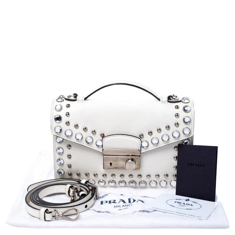 Prada Off White Studded Saffiano Leather Mini Sound Crossbody Bag at