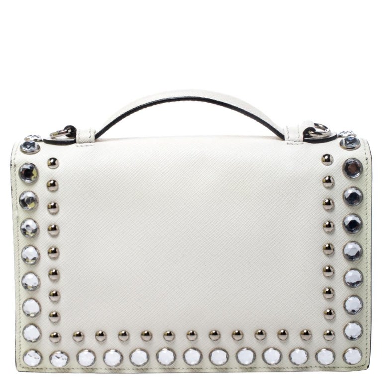 Prada Off White Studded Saffiano Leather Mini Sound Crossbody Bag For Sale  at 1stDibs | white studded purse, prada white studded bag, white studded  handbag