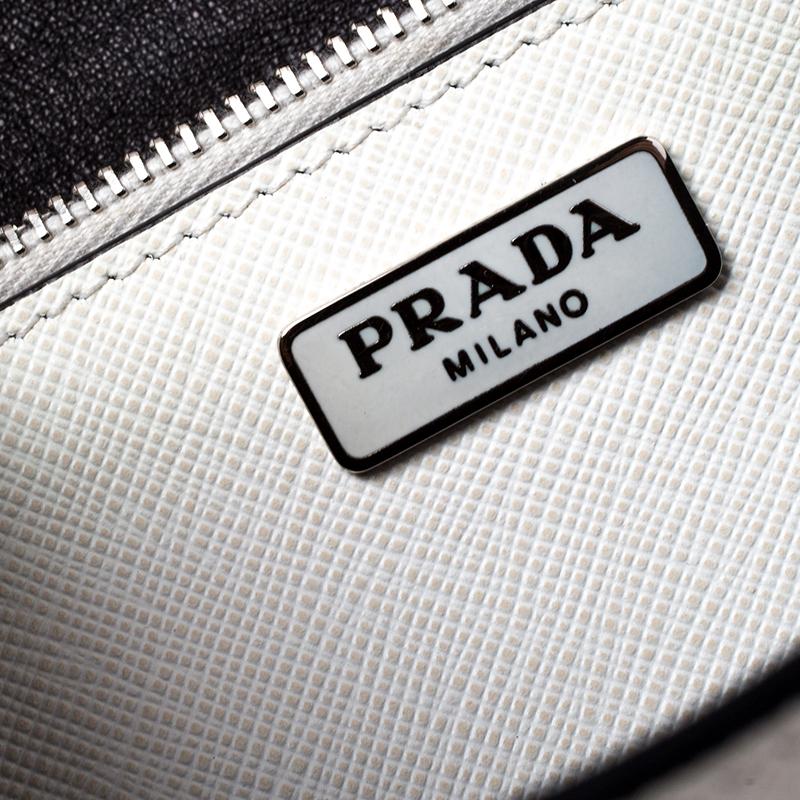 Gray Prada Off White Studded Saffiano Leather Mini Sound Crossbody Bag