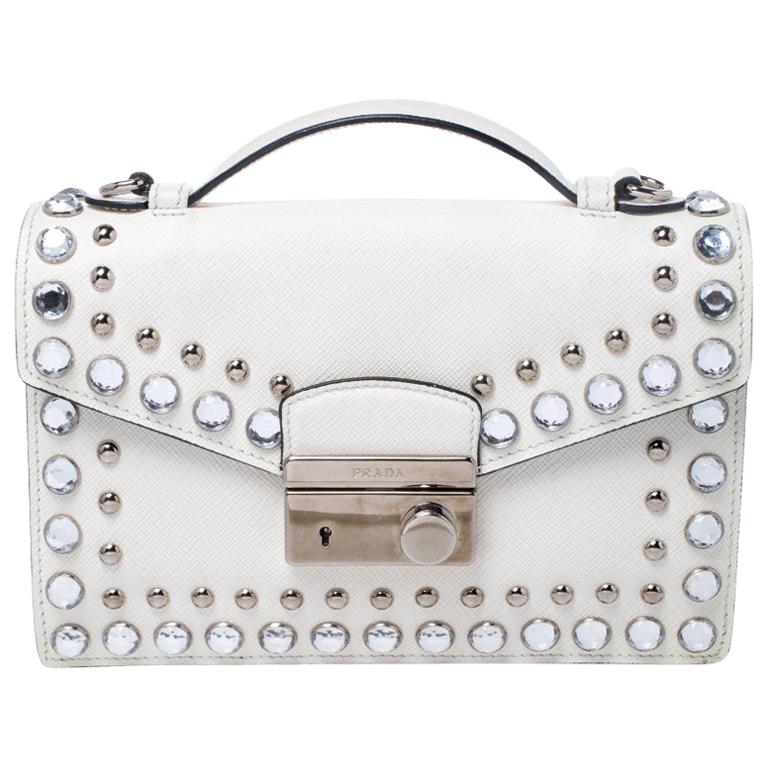 Prada Off White Studded Saffiano Leather Mini Sound Crossbody Bag