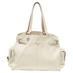 Sac cabas Prada Vitello Daino blanc cassé avec poches latérales en cuir