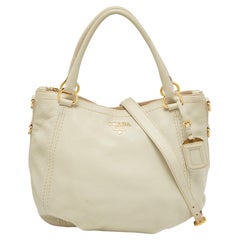 Prada Off White Vitello Daino Leather Zip Hobo