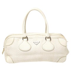 Prada Off White Woven Canvas and Leather Bowler Bag