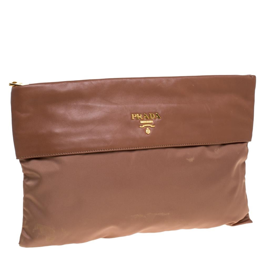 Brown Prada Old Rose Nylon and Leather Oversize Clutch