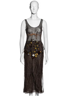 Prada olive crinkled silk organza and leather vest and skirt set, ss 1999