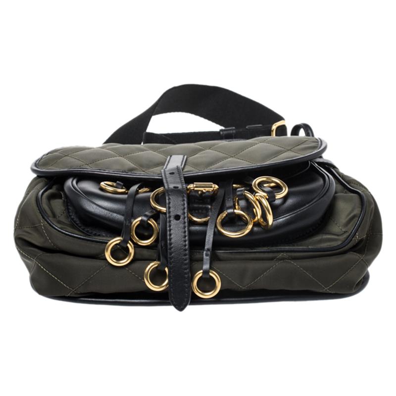 Women's Prada Olive Green/Black Nylon and Leather Passaminiere Hunting Shoulder Bag