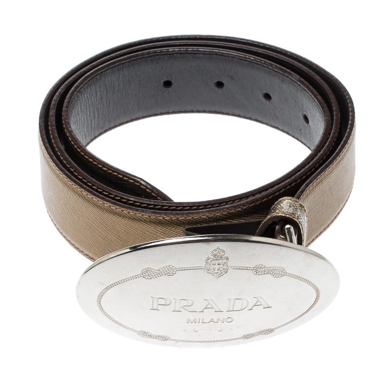 Gray Prada Olive Green Leather Engraved Oval Plaque Buckle Belt 95CM