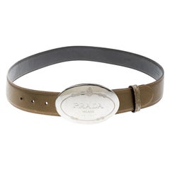 Prada Olive Green Leather Engraved Oval Plaque Buckle Belt 95CM