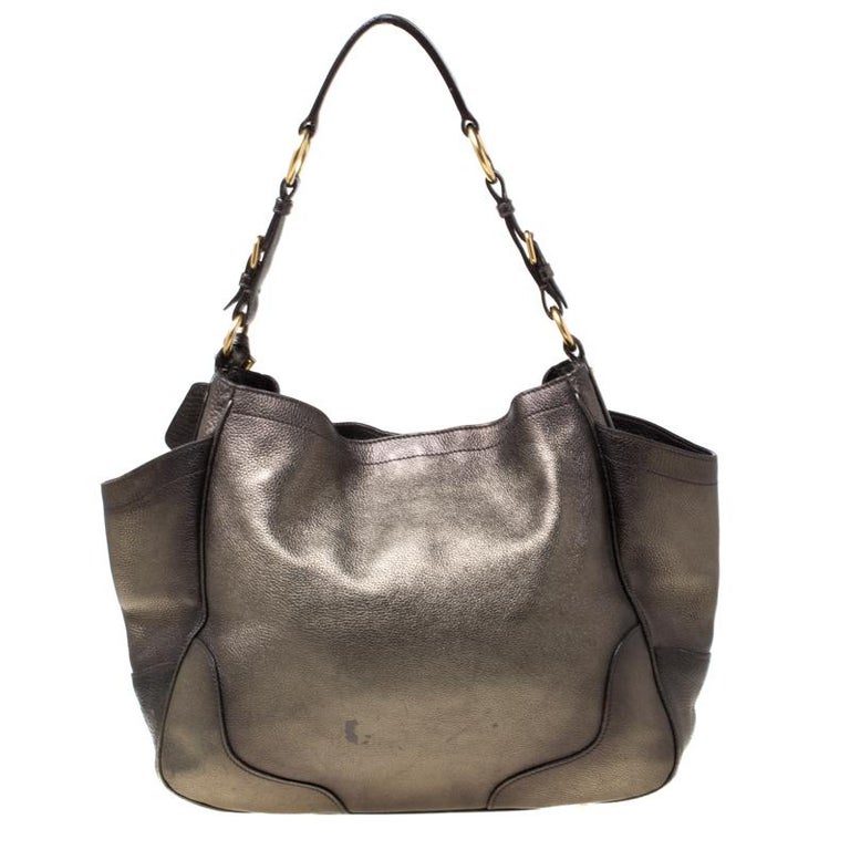 Prada Olive Green Metallic Vitello Daino Leather Hobo For Sale at 1stDibs