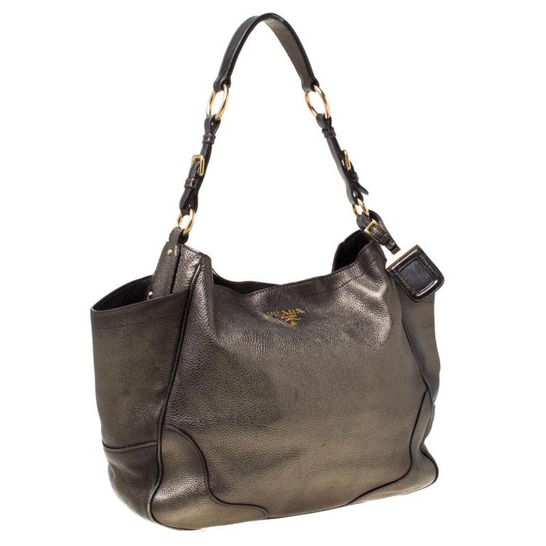 Prada Olive Green Metallic Vitello Daino Leather Hobo For Sale at 1stDibs