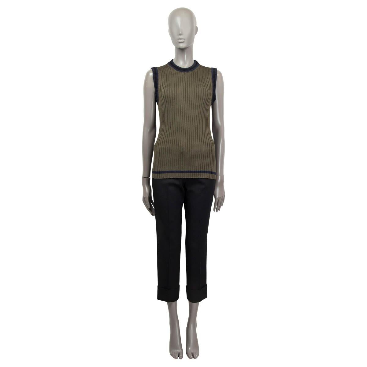 100% authentic Prada sleeveless knit top in olive green, navy and black viscose (100%). Features a contrast round collar. Has been worn and is in excellent condition.

Measurements
Tag Size	42
Size	M
Shoulder Width	39cm (15.2in)
Bust From	96cm