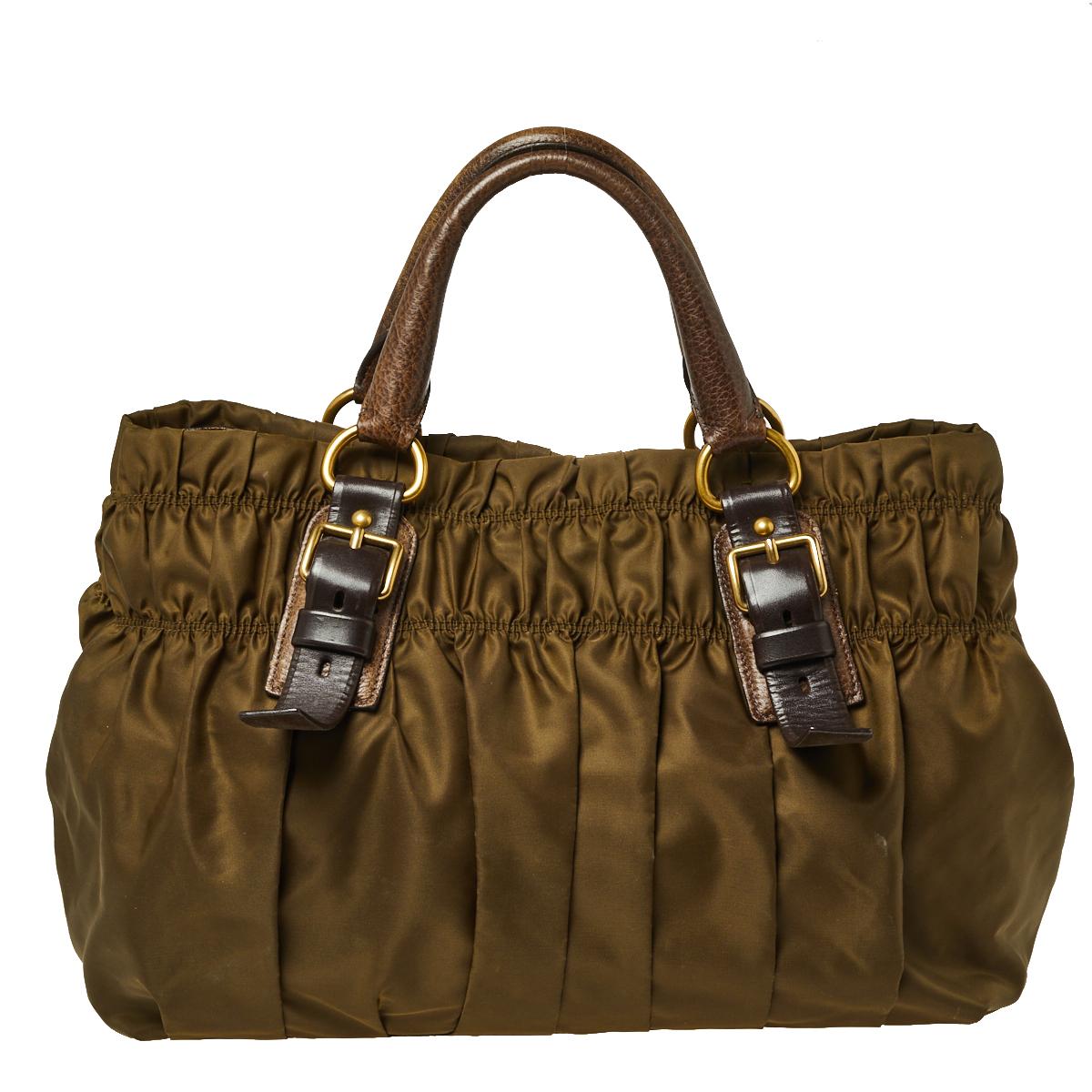 Prada Olive Green Nylon and Leather Gathered Tote In Good Condition In Dubai, Al Qouz 2