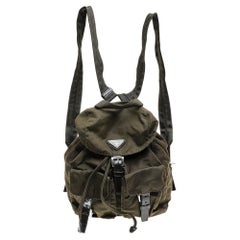 Used Prada Olive Green Nylon And Leather Small Backpack