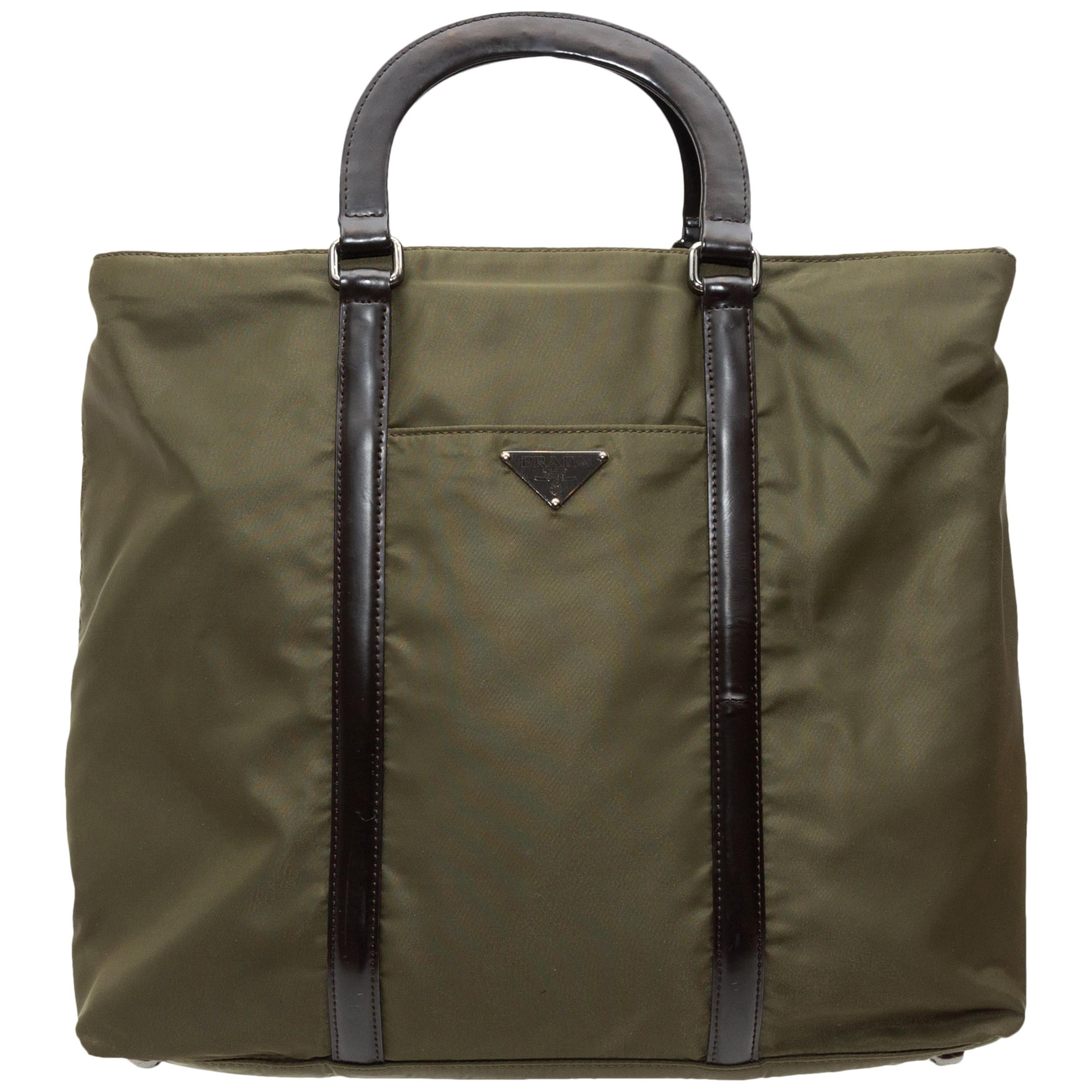 Prada Olive Green Nylon Leather-Trimmed Handbag