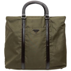 Prada Olive Green Nylon Leather-Trimmed Handbag