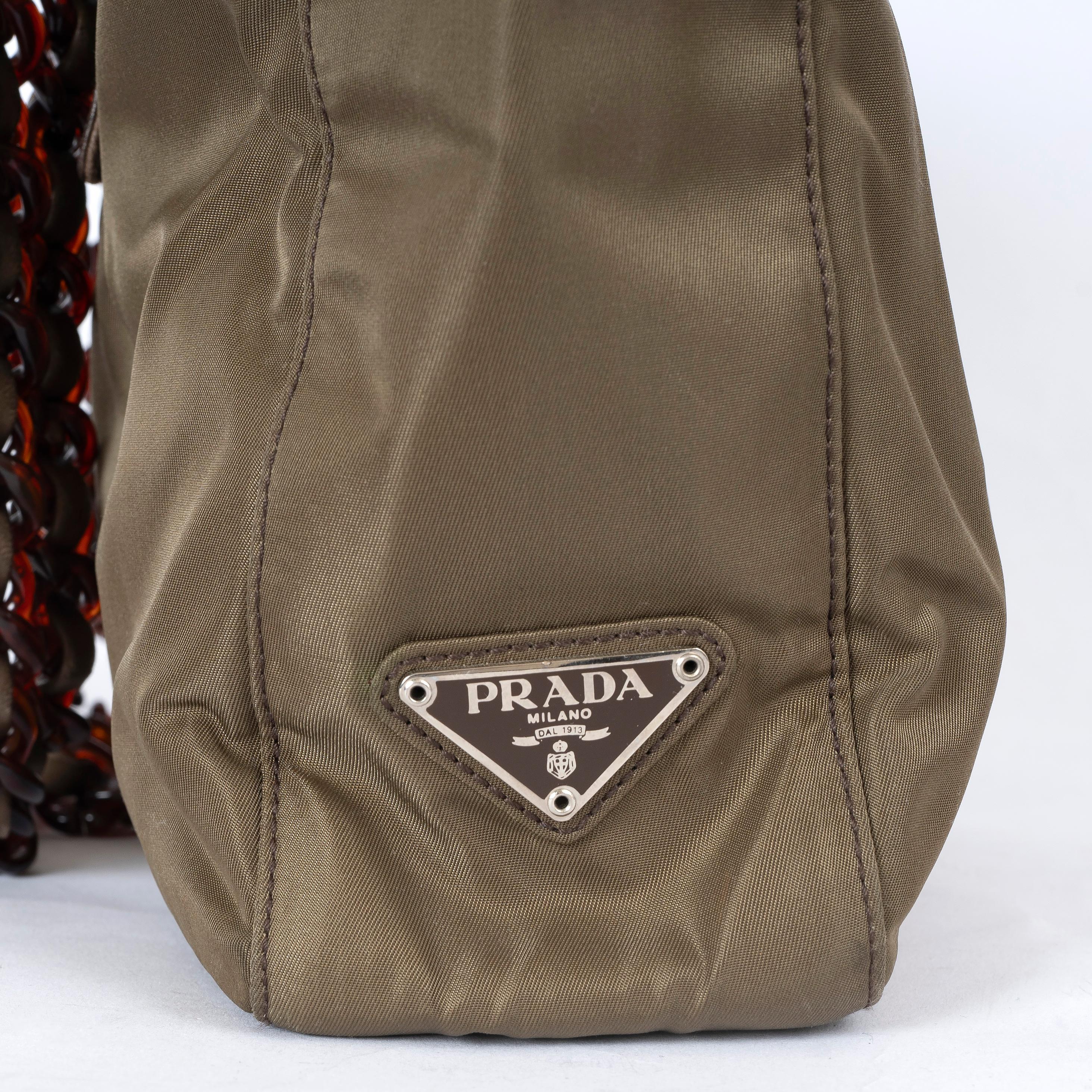 PRADA olive green nylon TURTOISE CHAIN Tote Bag B7402 For Sale 2