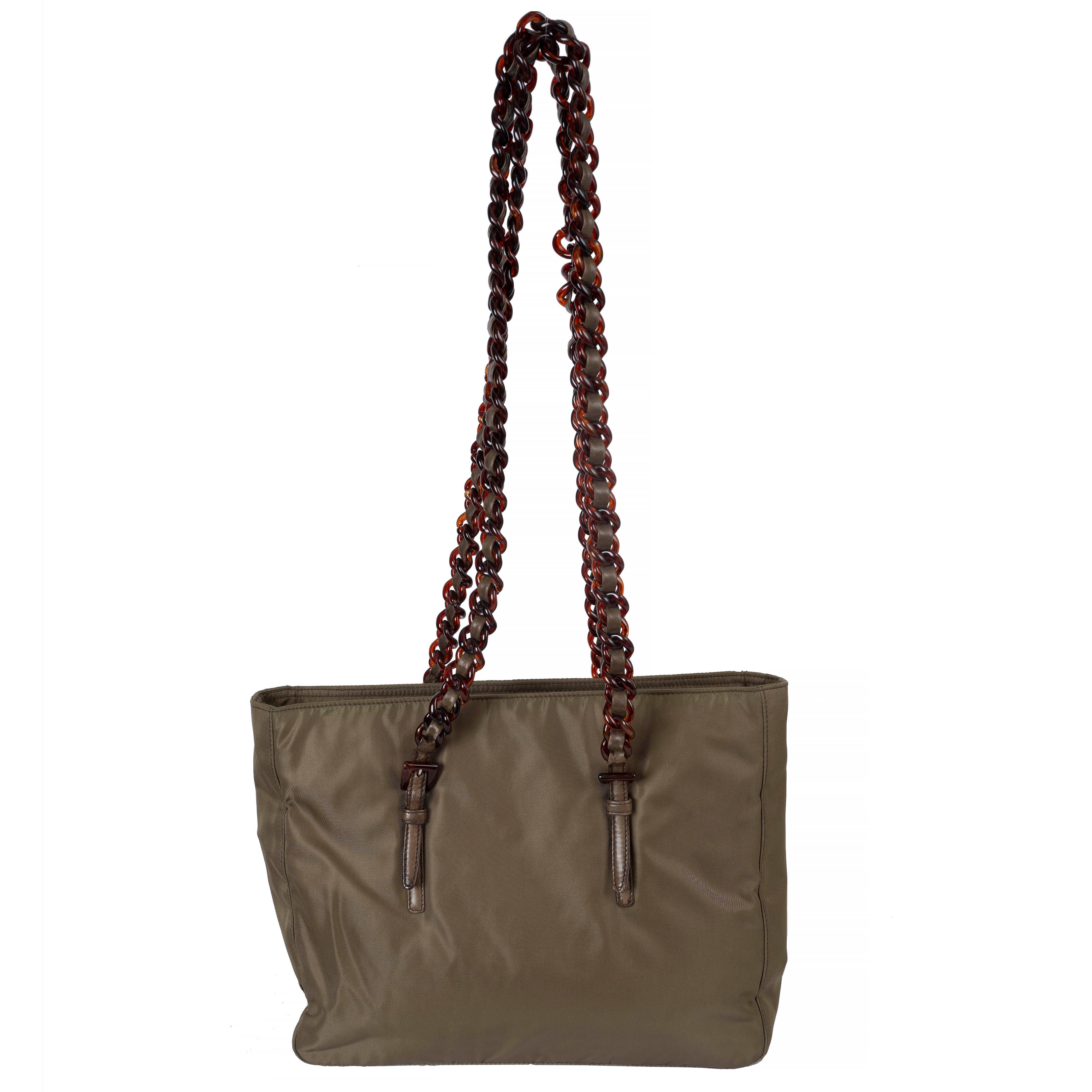 PRADA olive green nylon TURTOISE CHAIN Tote Bag B7402 For Sale 3