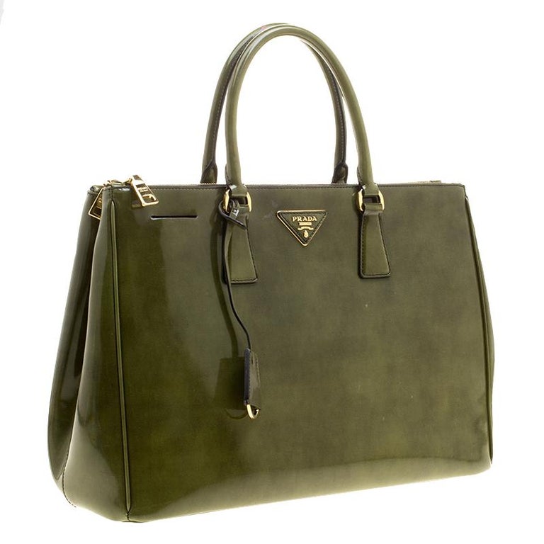 Prada Olive Green Patent Spazzolato Leather Large Double Zip Tote For