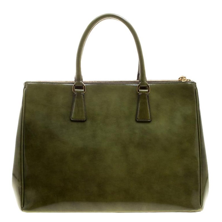 Prada Olive Green Patent Spazzolato Leather Large Double Zip Tote For
