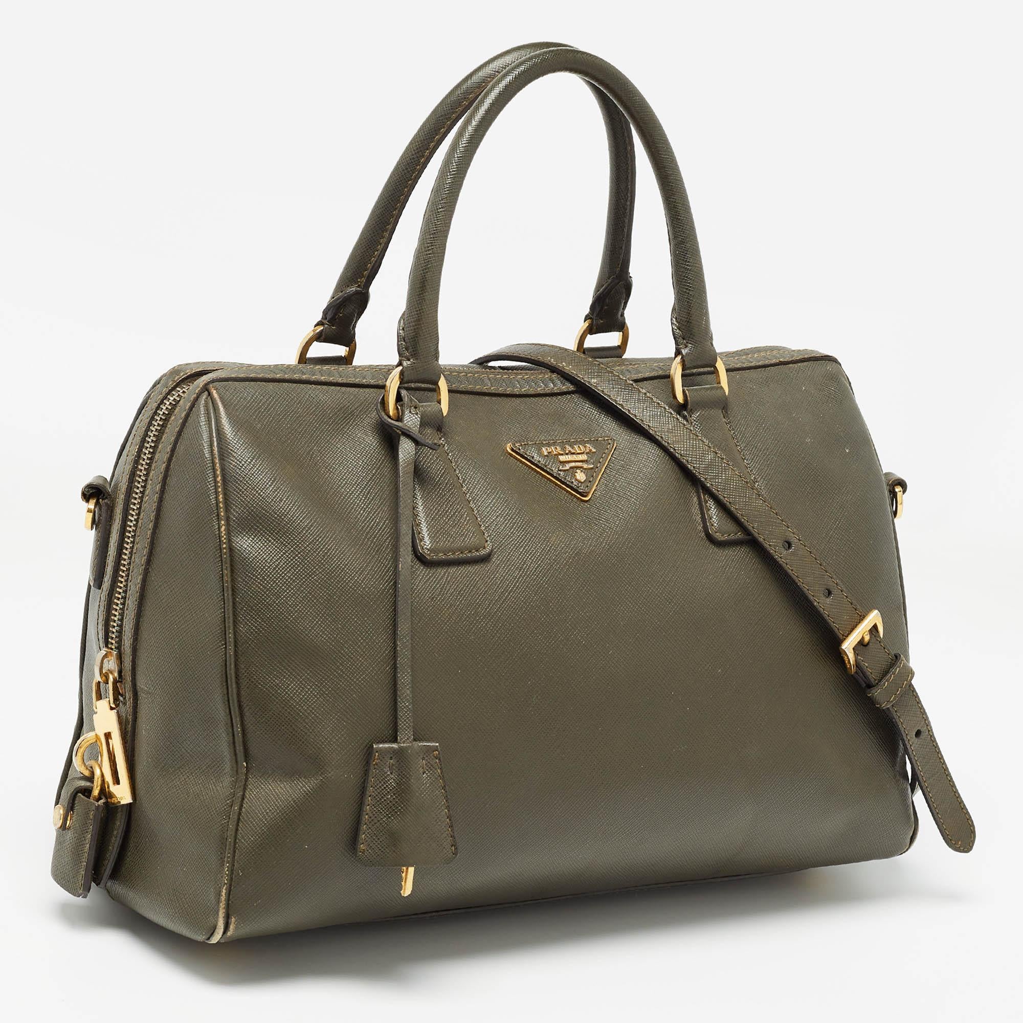 Prada Olive Green Saffiano Leather Bowler Bag In Fair Condition In Dubai, Al Qouz 2
