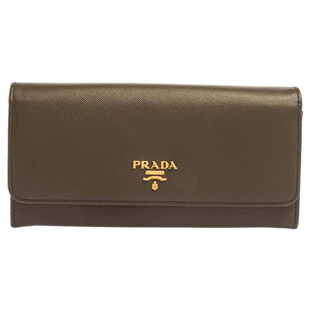 Prada Olive Green Saffiano Lux Leather Flap Continental Wallet For Sale ...