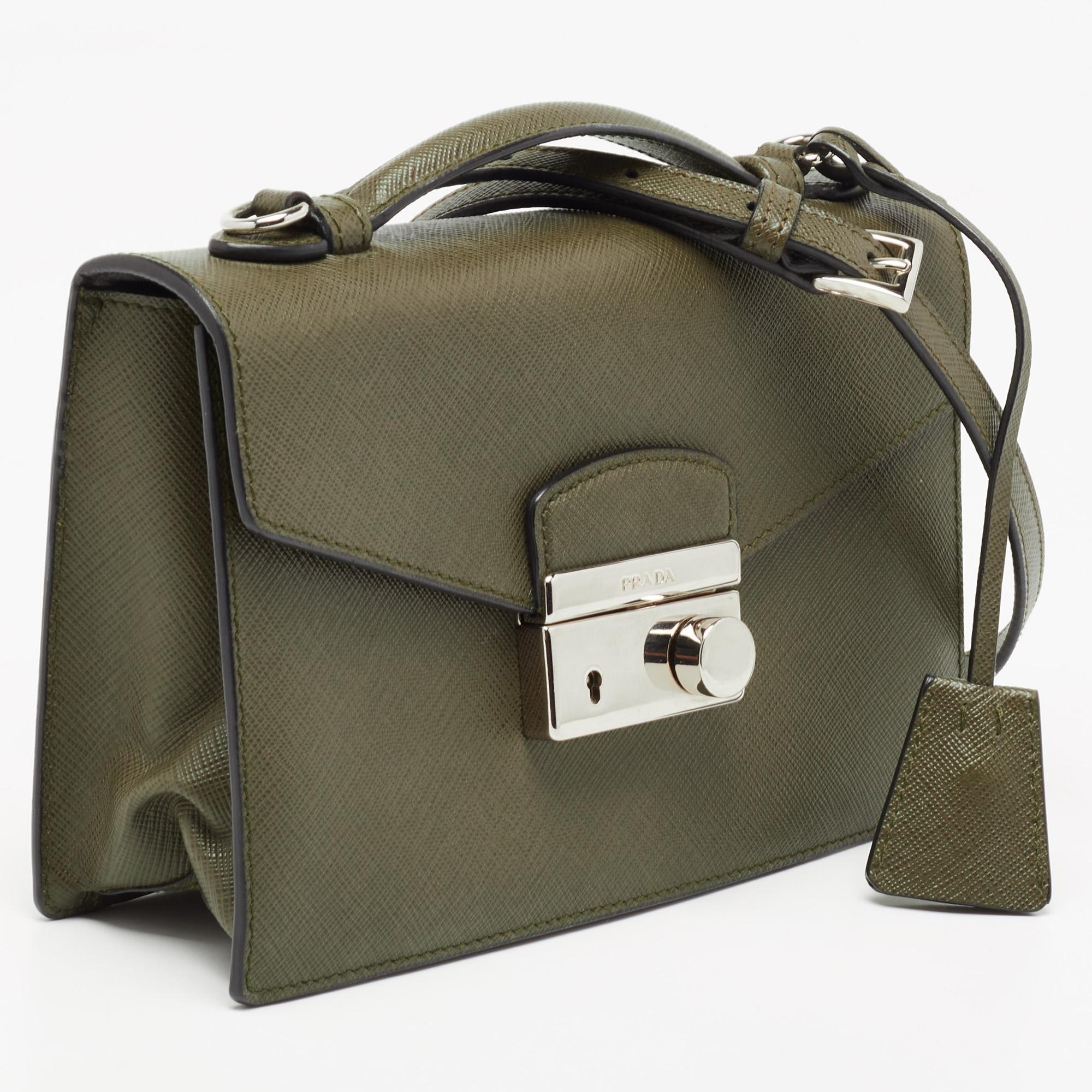 Black Prada Olive Green Saffiano Lux Leather Mini Sound Top Handle Bag