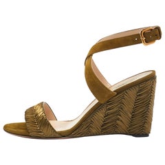 Prada Olive Green Suede and Raffia Wedge Ankle Wrap Sandals Size 41