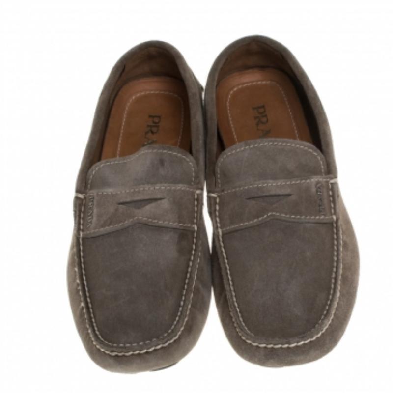 Men's Prada Olive Green Suede Penny Loafers Size 41.5 For Sale