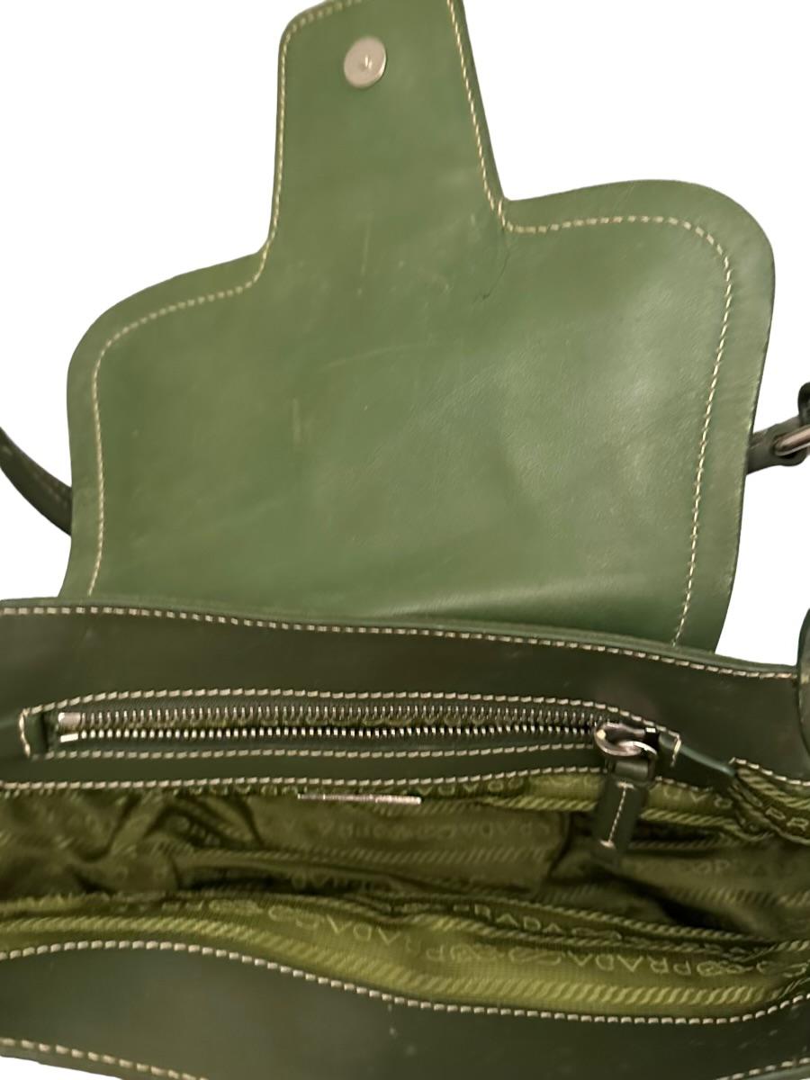 Prada Olive Strap Pocket Canvas Leather Bag In Good Condition In Bridgehampton, NY