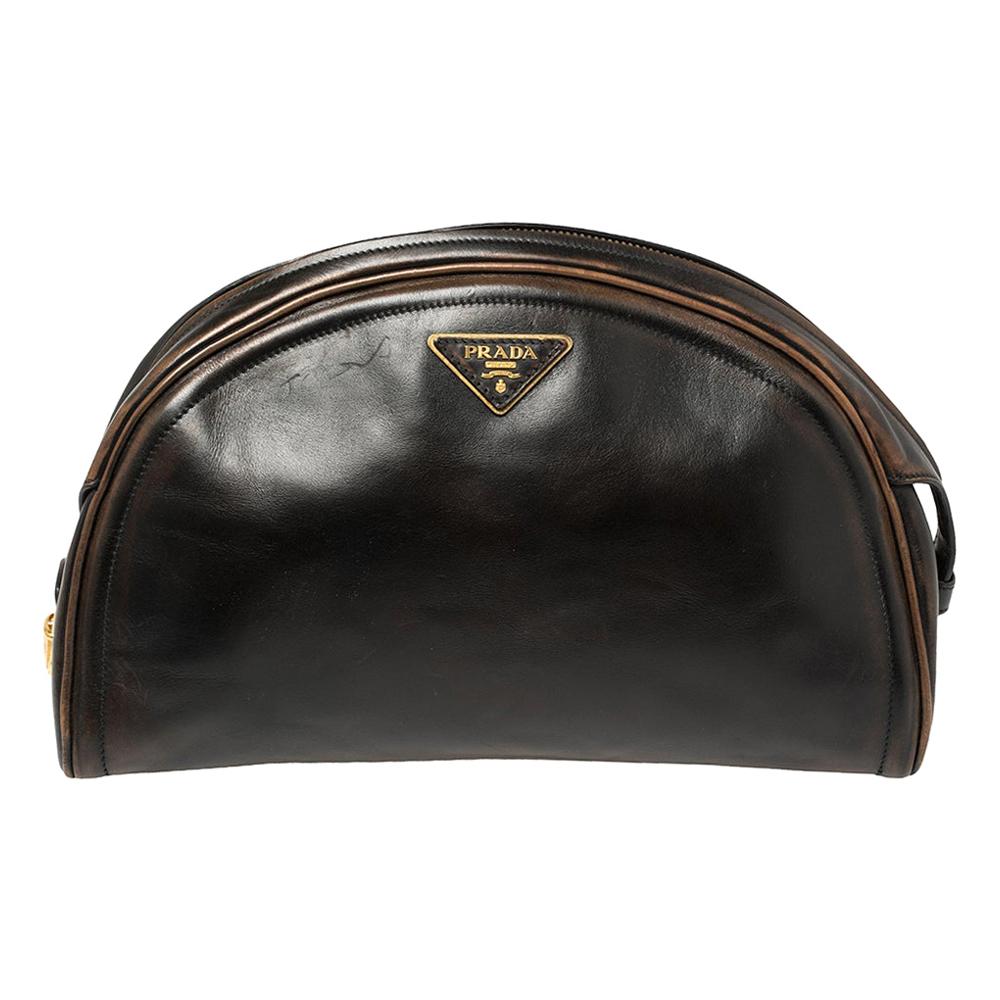 Prada Ombre Black Vitello Vintage Leather Large Dome Clutch