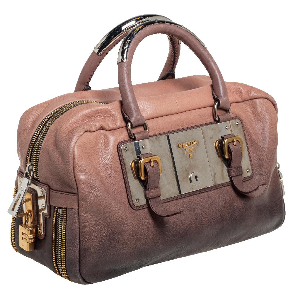 Prada Ombre Brown Glace Leather Zippers Bauletto Bag In Fair Condition In Dubai, Al Qouz 2
