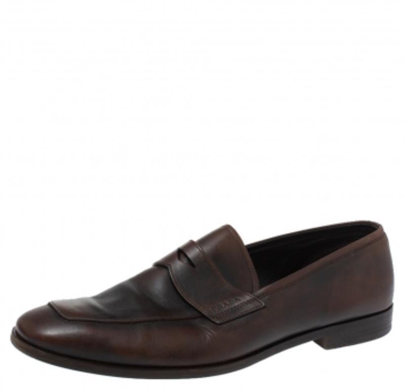 Black Prada Ombre Brown Leather Penny Slip On Loafers Size 41 For Sale