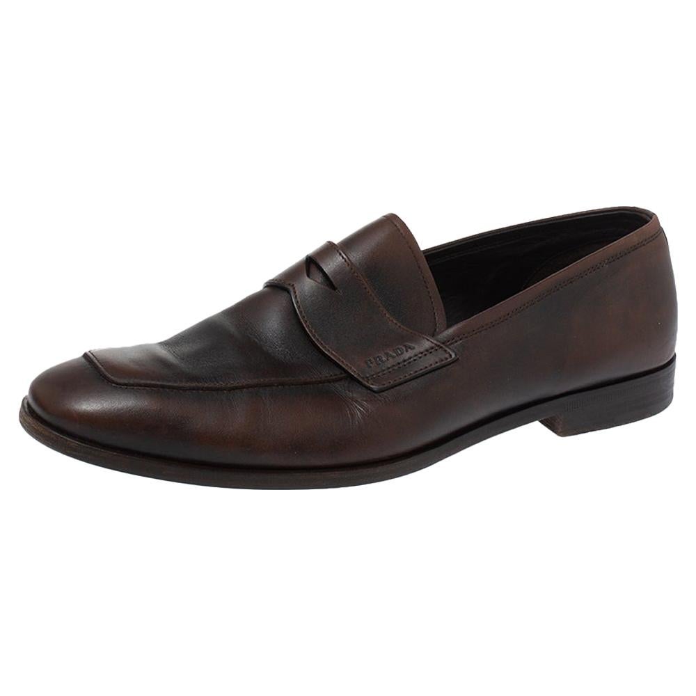 Prada Ombre Brown Leather Penny Slip On Loafers Size 41 For Sale