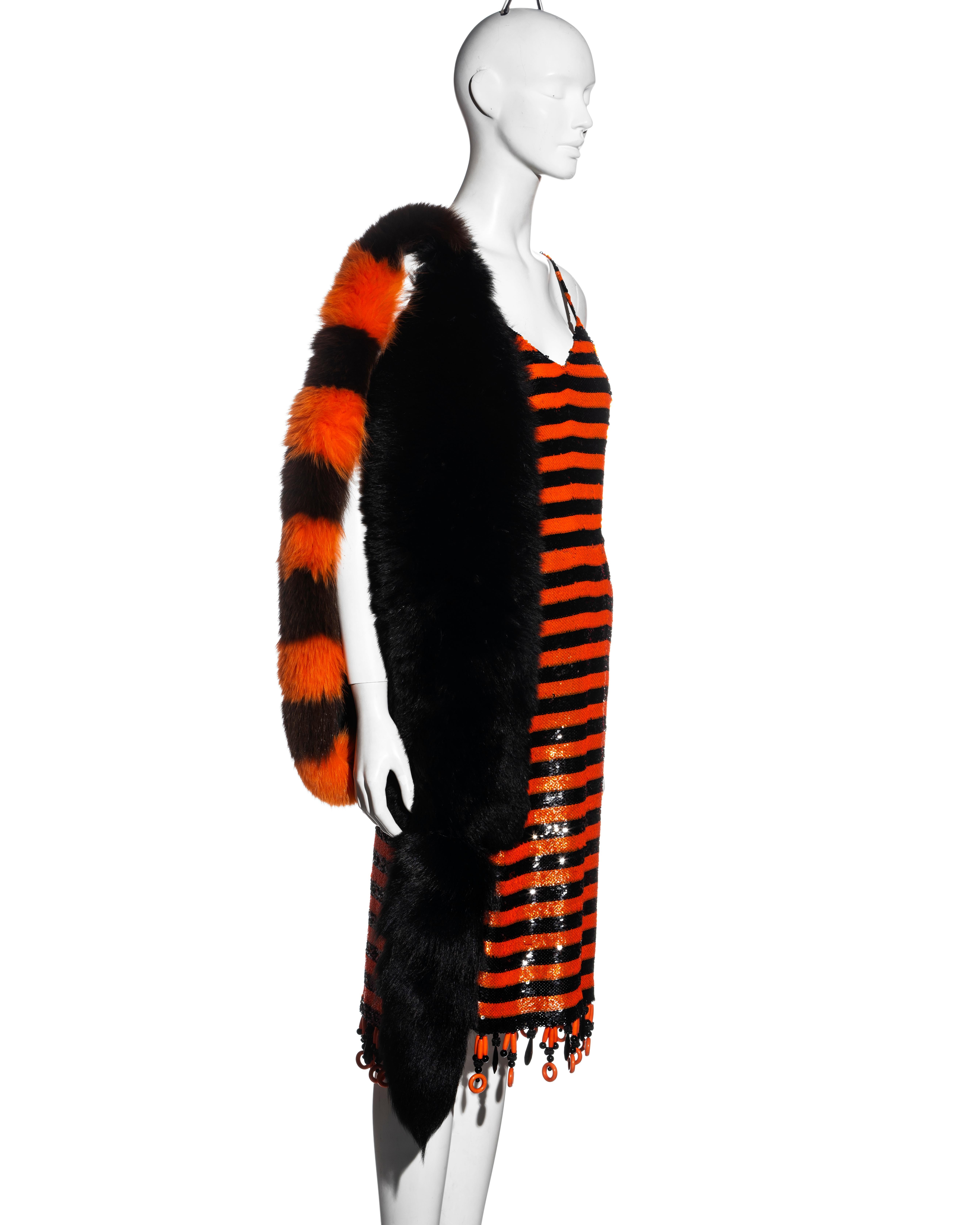Prada orange and black striped sequin flapper dress and fox fur stole, ss 2011 4