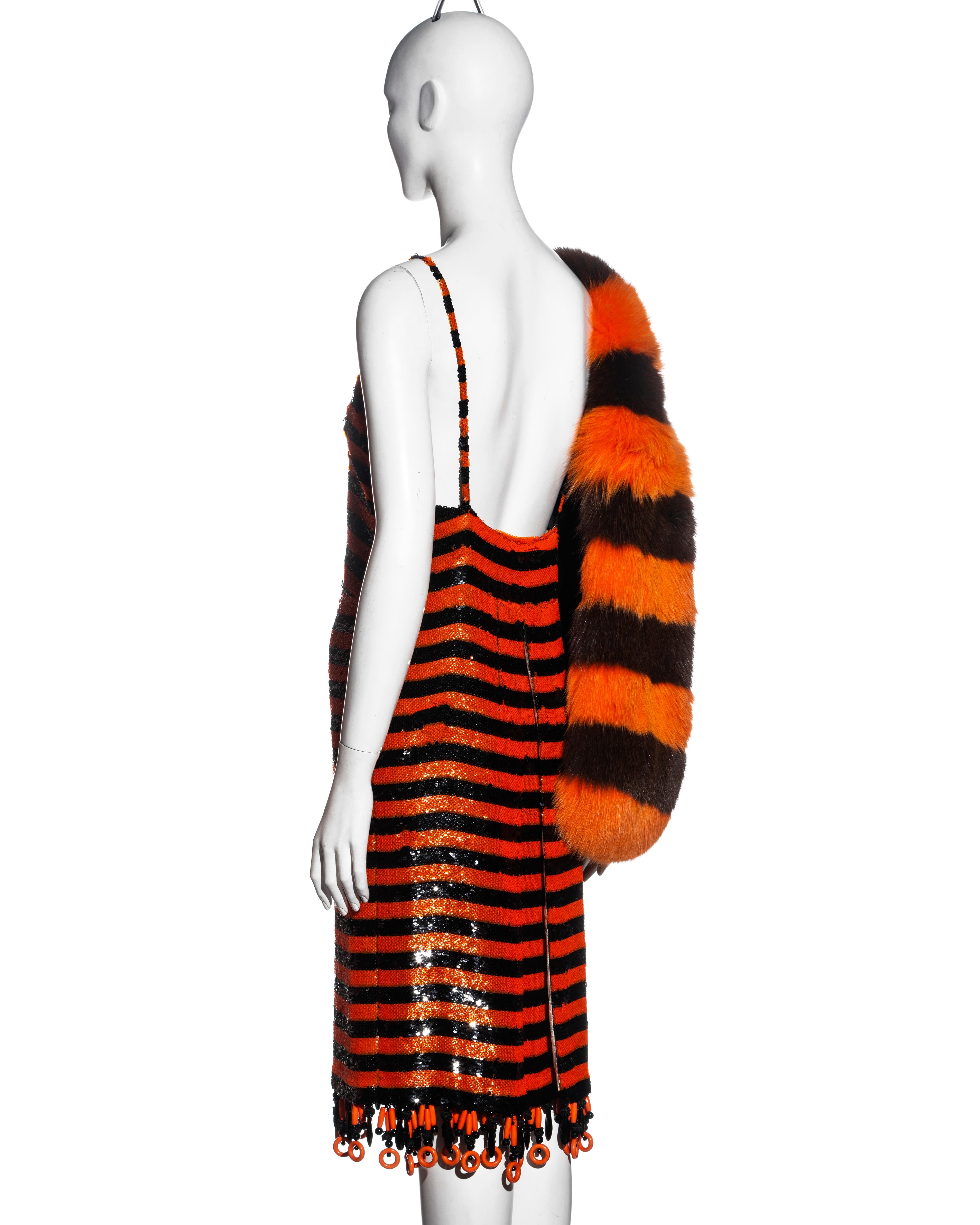 Prada orange and black striped sequin flapper dress and fox fur stole, ss 2011 5