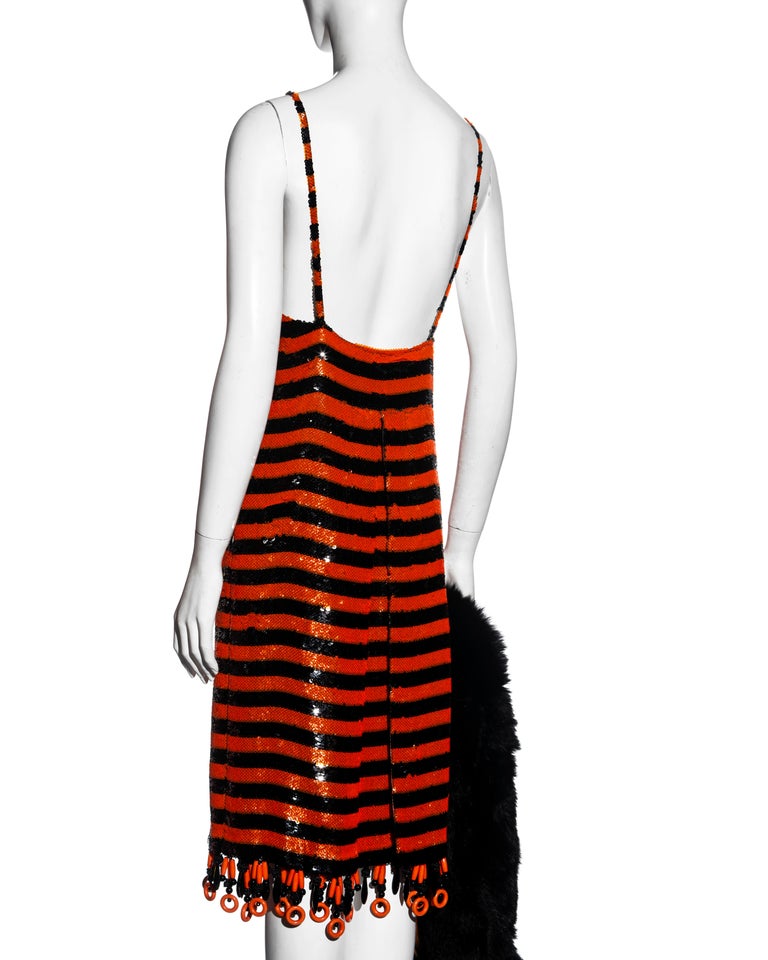 Prada orange and black striped sequin flapper dress and fox fur stole, ss  2011 at 1stDibs | prada sequin dress, prada striped dress