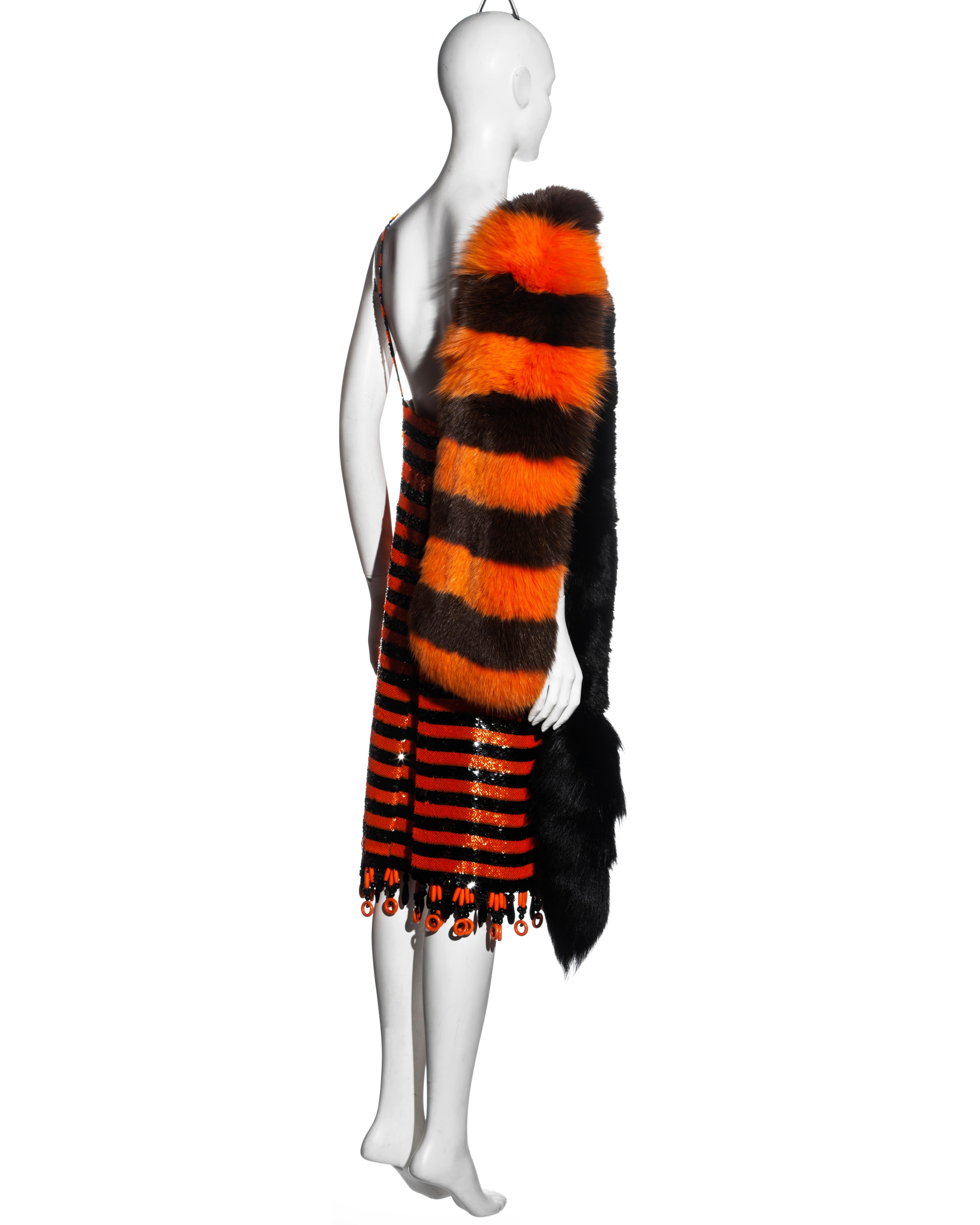 Prada orange and black striped sequin flapper dress and fox fur stole, ss 2011 7