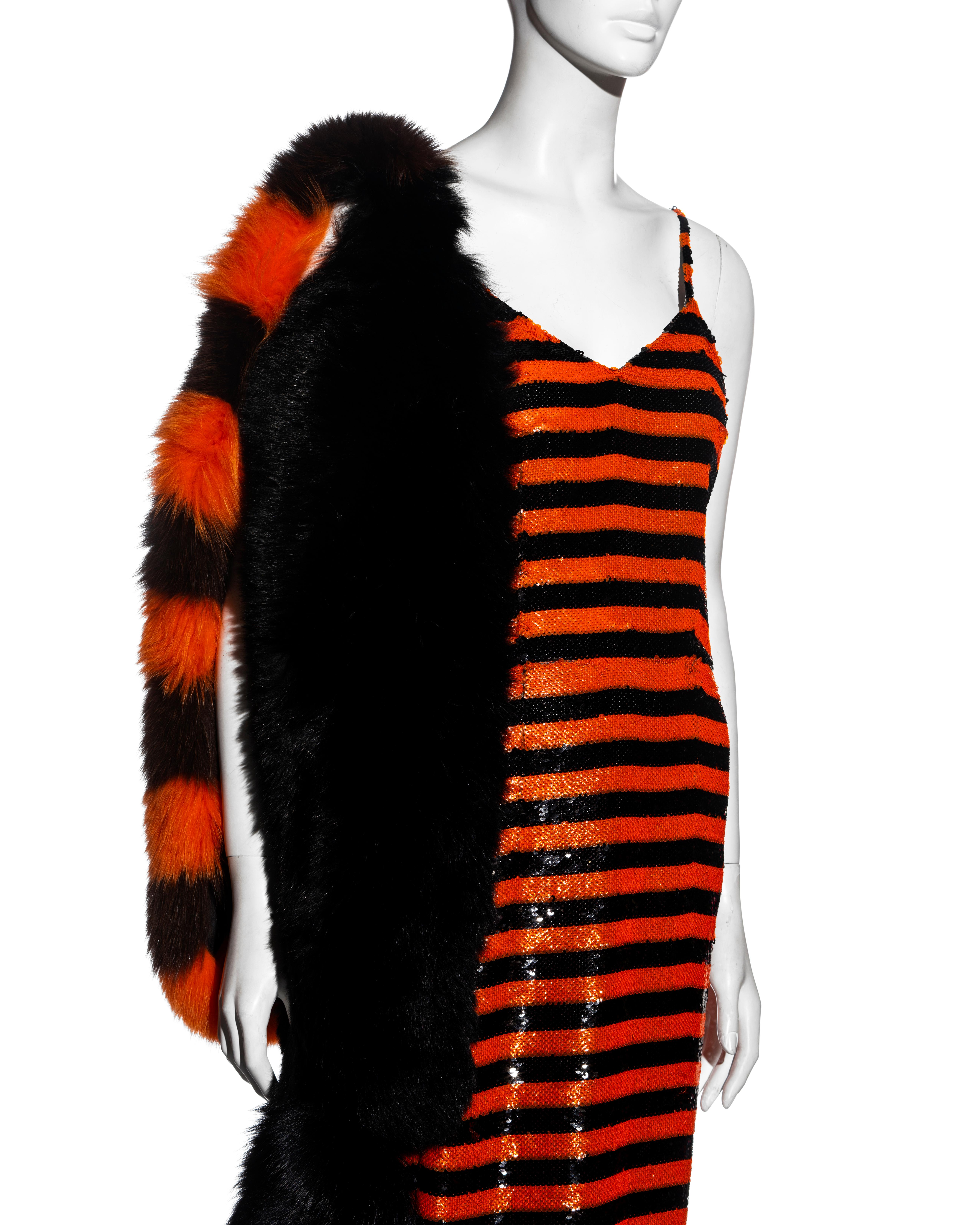 Prada orange and black striped sequin flapper dress and fox fur stole, ss 2011 In Excellent Condition In London, GB