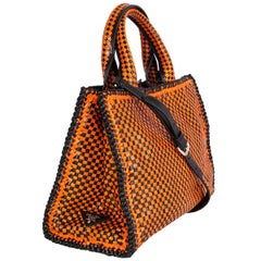 PRADA orange & black woven leather MADRAS Tote Shoulder Bag