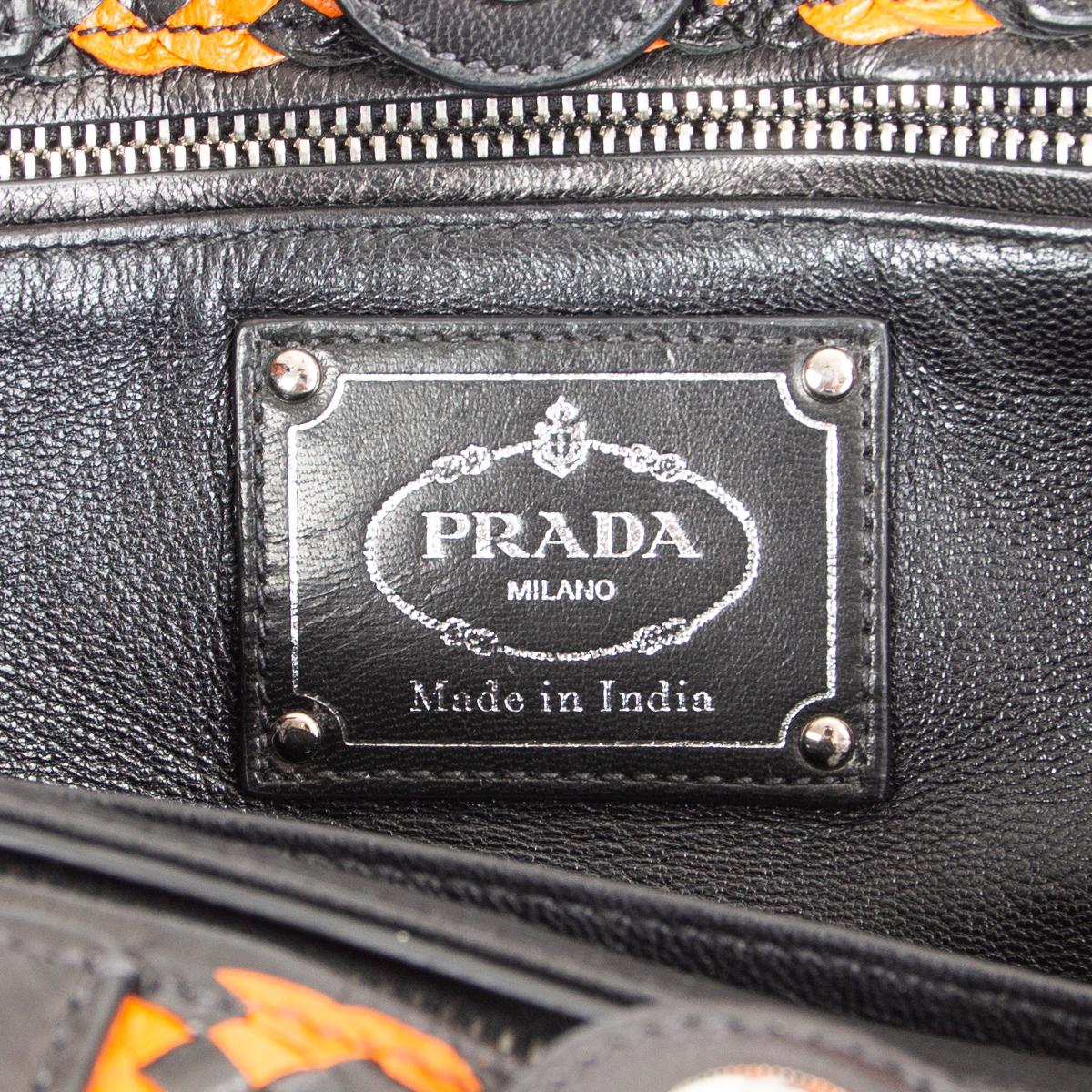 Orange PRADA orange & black woven leather MADRAS Tote Shoulder Bag