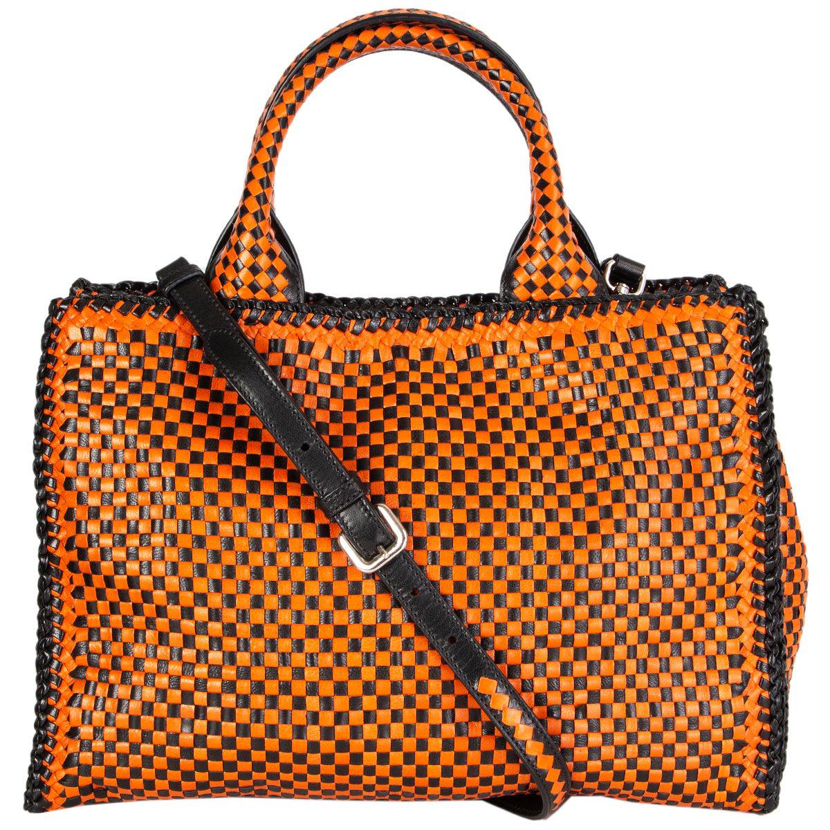 PRADA orange & black woven leather MADRAS Tote Shoulder Bag
