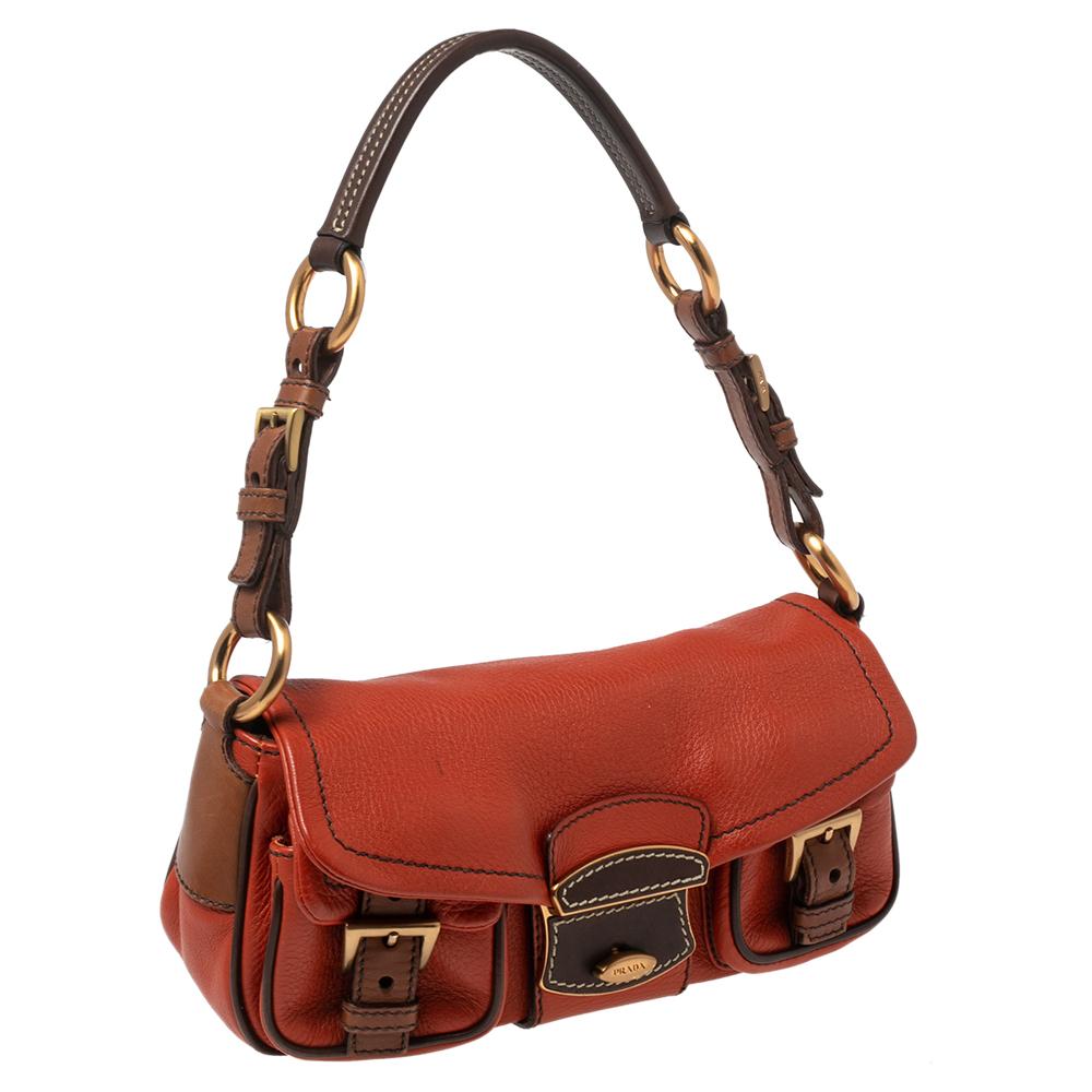 Prada Orange/Brown Leather Double Pocket Shoulder Bag In Good Condition In Dubai, Al Qouz 2