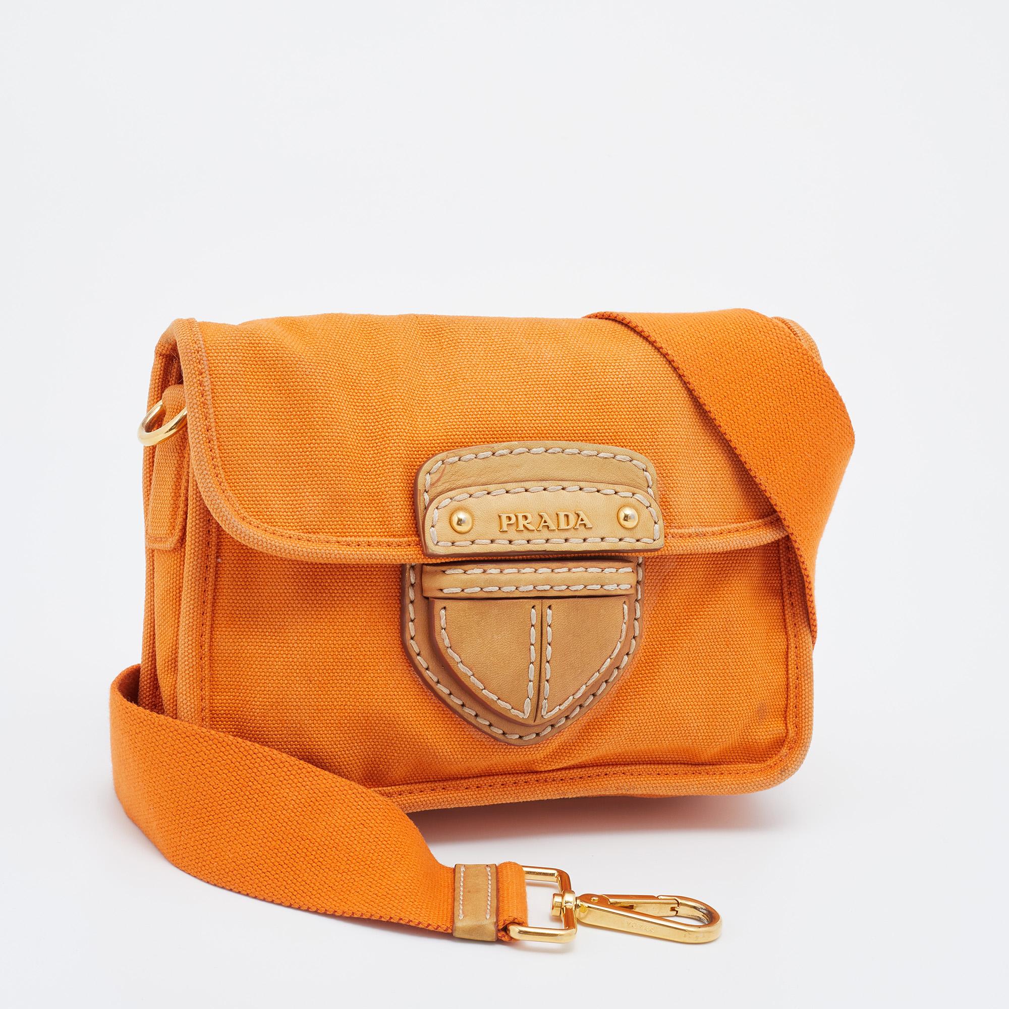Women's Prada Orange Canvas Flap Crossbody Bag