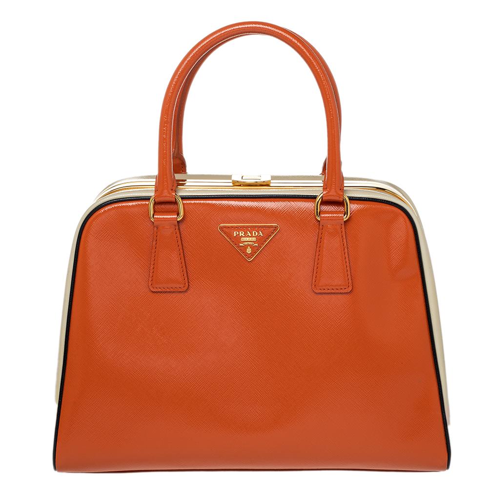 Prada Orange/Cream Saffiano Vernice Leather Pyramid Frame Satchel