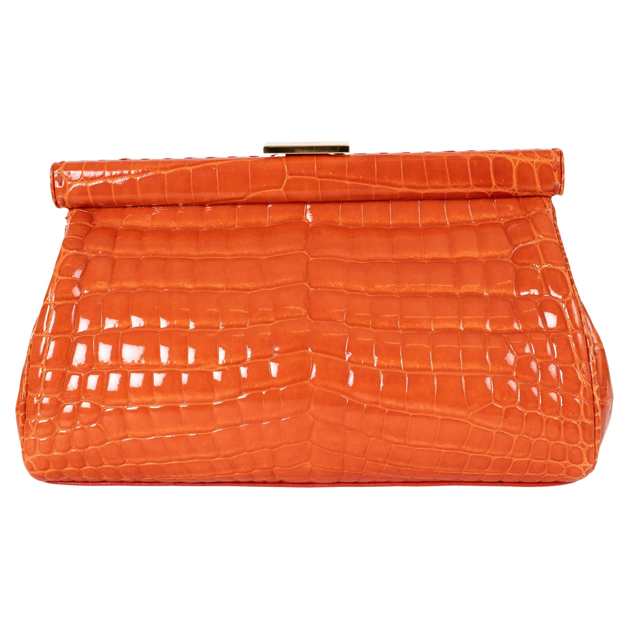 PRADA orange CROCODILE FRAME Clutch Bag