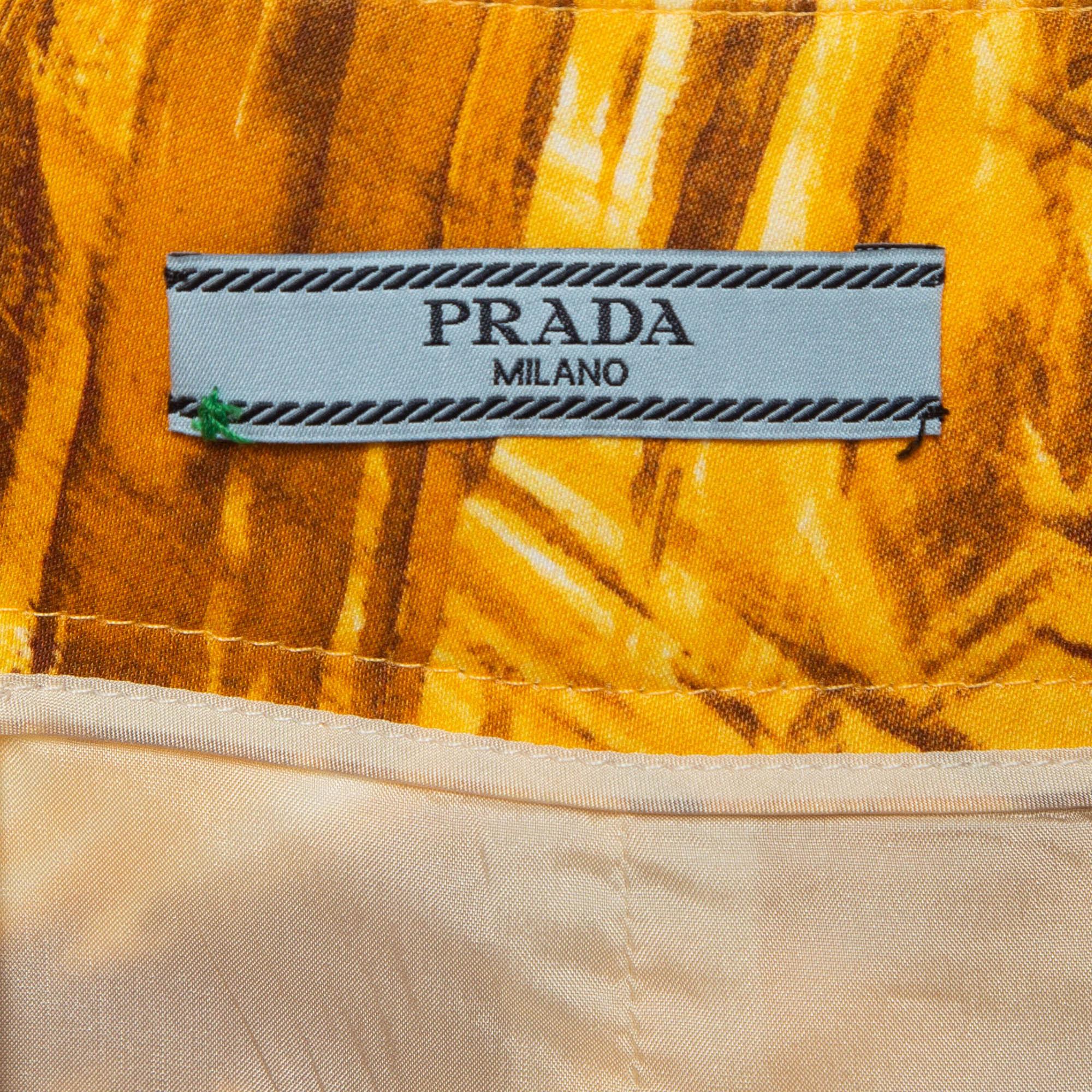Prada Orange Floral Print Feather Trim Crepe Midi Skirt S 1