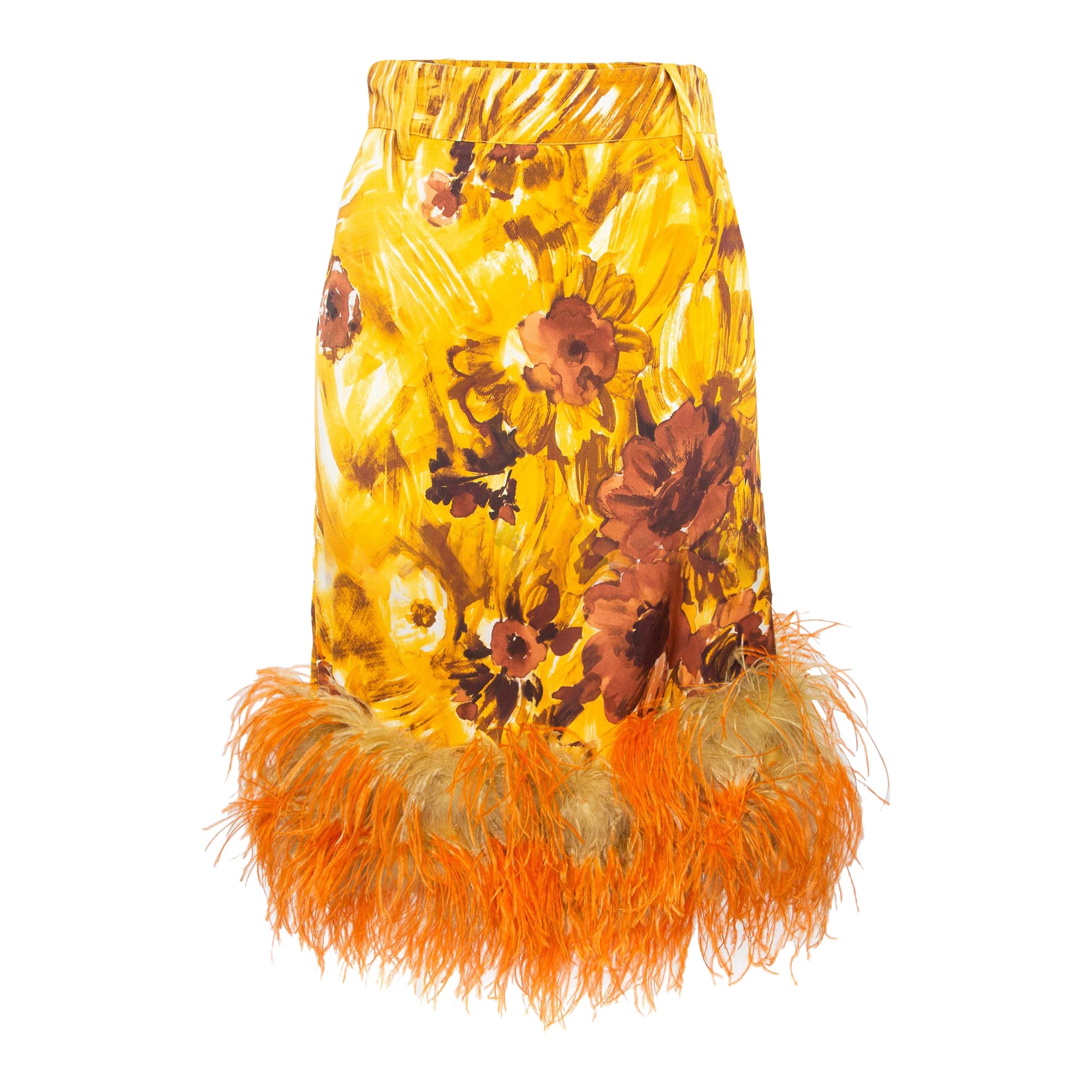 Prada Orange Floral Print Feather Trim Crepe Midi Skirt S