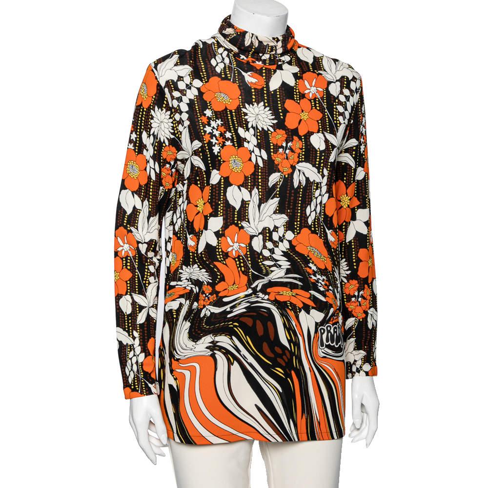 Beige Prada Orange Floral Printed Jersey Long Sleeve Turtleneck Top M