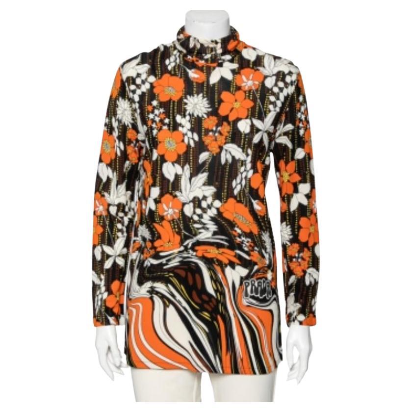 Prada Orange Floral Printed Jersey Long Sleeve Turtleneck Top M For Sale